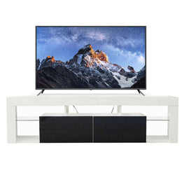 Modern Floating LED TV Stand showcasing a sleek design with a large TV and contrasting black and white finish.