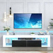 Modern Floating LED TV Stand displayed in a stylish living room with minimalistic decor and glowing blue accents.