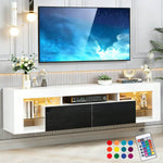 Modern Floating LED TV Stand elegantly displayed with a wall-mounted TV, featuring sleek design and ambient lighting.