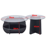 Modern Glass Nesting Coffee Table set showing dimensions of the larger table (70cm, 38cm) and smaller table (50cm, 45cm)