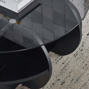 Modern Glass Nesting Coffee Table set with black finish and glass top, featuring storage space and sleek design.