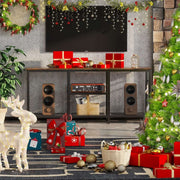 Industrial TV stand decorated for Christmas with festive living room decor