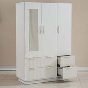 Bedroom Wardrobe featuring three doors, light beige finish, LED mirror, and elegant gold handles.