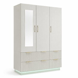 Bedroom Wardrobe 3-door light beige with LED mirror and elegant gold handles, perfect for modern storage solutions.