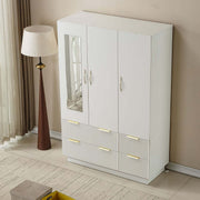 Bedroom Wardrobe 3 Door Light Beige with LED Mirror and Gold Handles in Modern Living Room