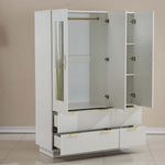 Bedroom Wardrobe 3 door light beige design with open drawers and shelves showcasing modern storage solutions.