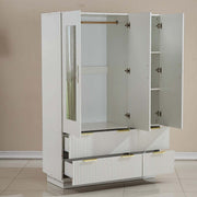 Bedroom Wardrobe 3 door light beige design with open drawers and shelves showcasing modern storage solutions.