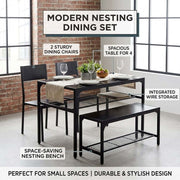 4-piece dining table set with bench featuring two chairs, a spacious table, and integrated storage for compact living.