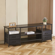TV Stand with Charging Station showcasing metal design and storage drawers, supporting TVs up to 75 inches.