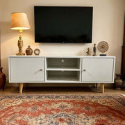 Modern White TV Stand with Storage Shelves