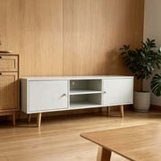 Modern White TV Stand with Storage Shelves