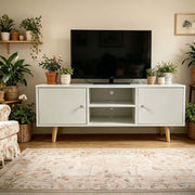 Modern White TV Stand with Storage Shelves