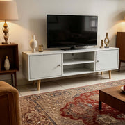 Modern White TV Stand with Storage Shelves