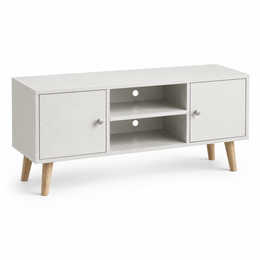 Modern White TV Stand with Storage Shelves