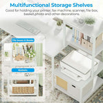 White computer desk with multi-functional storage shelves and office supplies