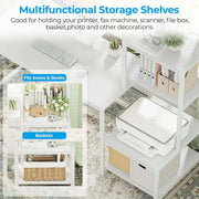 White computer desk with multi-functional storage shelves and office supplies