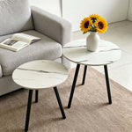 Modern round nesting coffee tables in white marble finish