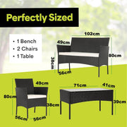 Patio Furniture Set 4 Piece PE Rattan dimensions with 1 bench, 2 chairs, and 1 table for outdoor use.