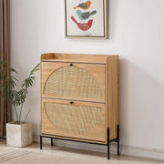 Rattan Flip-Top Shoe Cabinet featuring natural wood finish and woven doors, ideal for organizing shoes in any entryway.