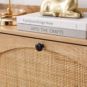 Rattan Flip-Top Shoe Cabinet showcasing rattan texture with decorative books and a golden figurine on top.