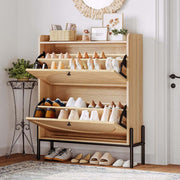 Rattan Flip-Top Shoe Cabinet displaying organized footwear with rattan craftsmanship and a stylish console top.