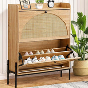 Rattan Flip-Top Shoe Cabinet featuring a stylish design with rattan elements, showcasing organized shoes in an entryway.