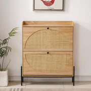 Rattan Flip-Top Shoe Cabinet with two drawers for organized shoe storage and a console top for decor.