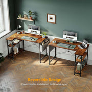 Reversible L-Shaped Computer Desk featuring a customizable installation with dual workspace setup and industrial rustic design.