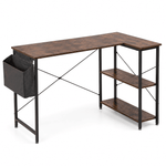 Reversible L-Shaped Computer Desk featuring a rustic design, storage shelves, and a side pocket for organization.