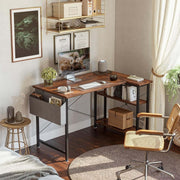 Reversible L-Shaped Computer Desk in a cozy home office setup with industrial decor and smart organization.