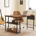 Reversible L-Shaped Computer Desk featuring a wooden tabletop and metal frame in a cozy office setting.