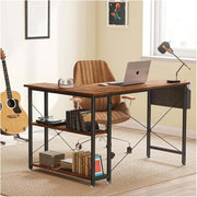 Reversible L-Shaped Computer Desk featuring a wooden tabletop and metal frame in a cozy office setting.