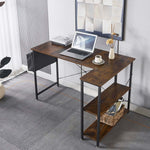 Reversible L-Shaped Computer Desk with a laptop, shelves, and rustic wood finish in a modern home office setting.