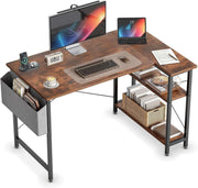 Reversible L-Shaped Computer Desk with monitor, laptop, and storage, perfect for home office and gaming room setup.