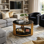 Round Glass Coffee Table in a modern lounge with gold frame and black glass top.