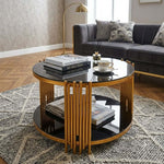 Round Glass Coffee Table in modern lounge with gold geometric frame and black glass top.