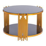 Stylish Round Glass Coffee Table with a gold geometric frame and black tempered glass top.