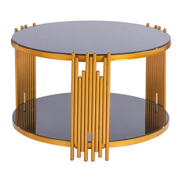 Stylish Round Glass Coffee Table with a gold geometric frame and black tempered glass top.