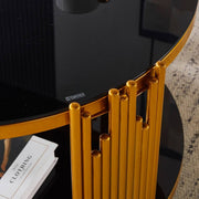 Round Glass Coffee Table featuring a gold geometric frame and black tempered glass top, perfect for modern interiors.