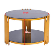 Round Glass Coffee Table with gold geometric frame and black tempered glass, dimensions 80cm diameter and 45cm height.