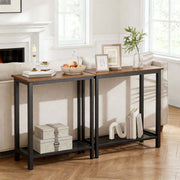 Console Table 2 Tier Rustic Entryway featuring brown wooden top and black metal frame, perfect for modern homes.