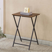 Rustic folding TV tray table with a dark wood top and black metal legs, perfect for maximizing space.