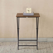 Rustic folding TV tray table with clock and books on a minimalistic background.