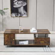 Rustic Storage Coffee Table featuring wood grain finish and metal pillars, perfect for living room decor.