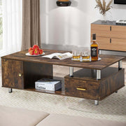Rustic Storage Coffee Table with warm wood finish, sleek metal pillars, and decorative items on top.