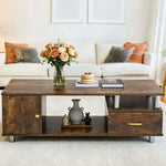 Rustic Storage Coffee Table with flowers and decor in a stylish living room setting.