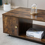 Rustic Storage Coffee Table featuring a warm wood grain finish and sleek metal pillars in a modern living room setting.