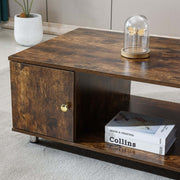 Rustic Storage Coffee Table featuring a warm wood grain finish and sleek metal pillars in a modern living room setting.