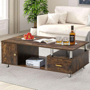 Rustic Storage Coffee Table with warm wood grain finish, metal pillars, and decorative items in a modern living room setting.