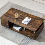 Rustic Storage Coffee Table featuring warm wood grain finish and metal pillars, styled with decor items.